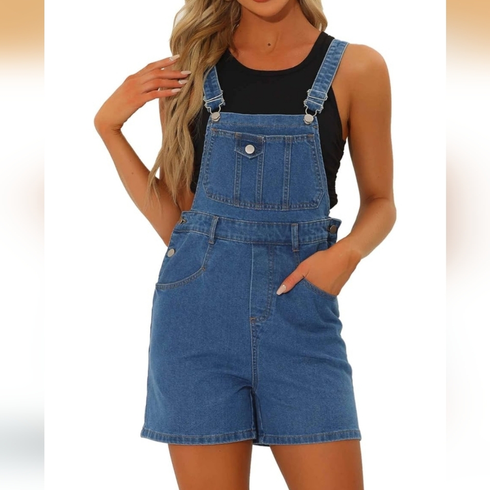 Allegra K Denim Shortalls for Women's Casual Adjustable Straps Bib Overall Jean